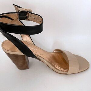 BCBGeneration Black Nude Ankle Strap Sandal Heels 6.5 M BG-Sarita Faux Leather